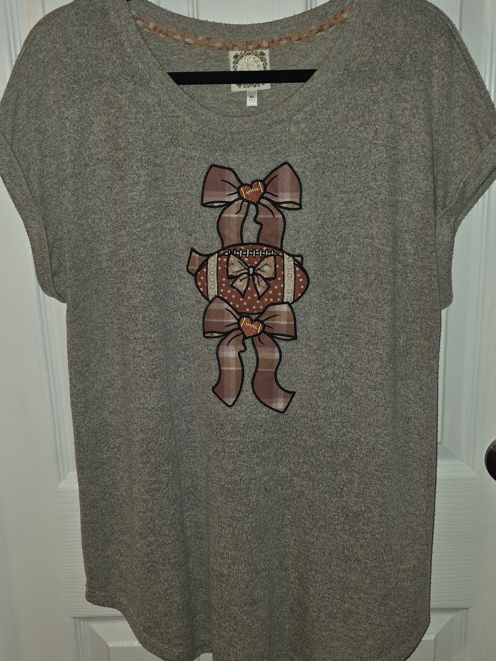True Self Heather Taupe Short Sleeve Tee w/ Football/Bow/Heart Graphic